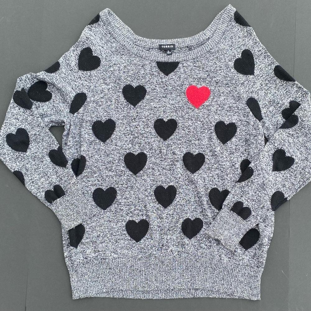Torrid Gray and Black Heart Crew Neck Sweater